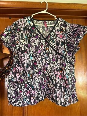 Women's Black Floral Wrap-Style scrub top